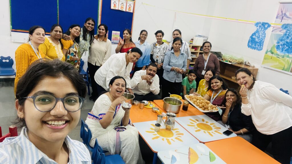 Teachers enjoying a fun snack break during Summer Camp 2025 celebration at Greater Noida Podar Learn School