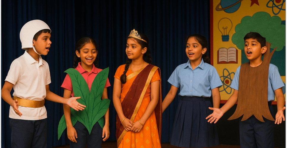 Children performing a school play in costumes at Greater Noida Podar Learn School’s drama class.