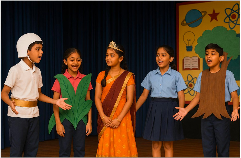 Children performing a school play in costumes at Greater Noida Podar Learn School’s drama class.